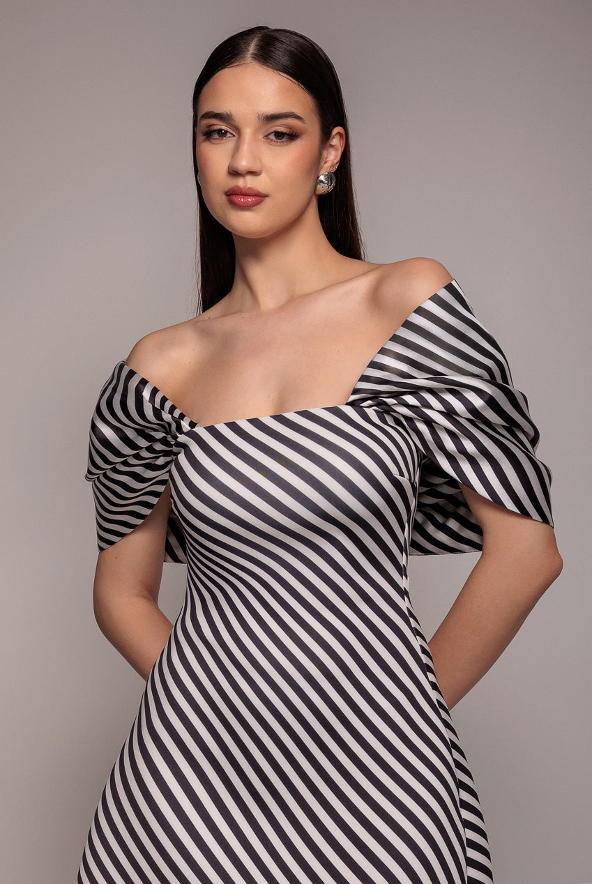 Goddiva Stripe Off Shoulder Bow Back Satin Bow Mini Dress - Black White