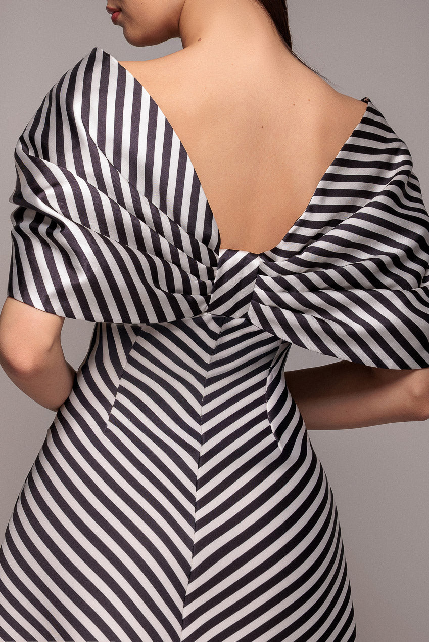 Goddiva Stripe Off Shoulder Bow Back Satin Bow Mini Dress - Black White