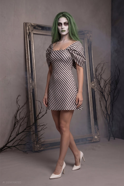 Goddiva Striped A-line Mini Beetlejuice-Inspired Halloween Costume - Black White