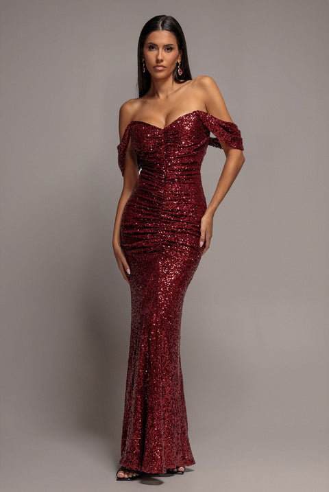 Goddiva Front Gathered Sequin Wing Maxi Dress - Wine