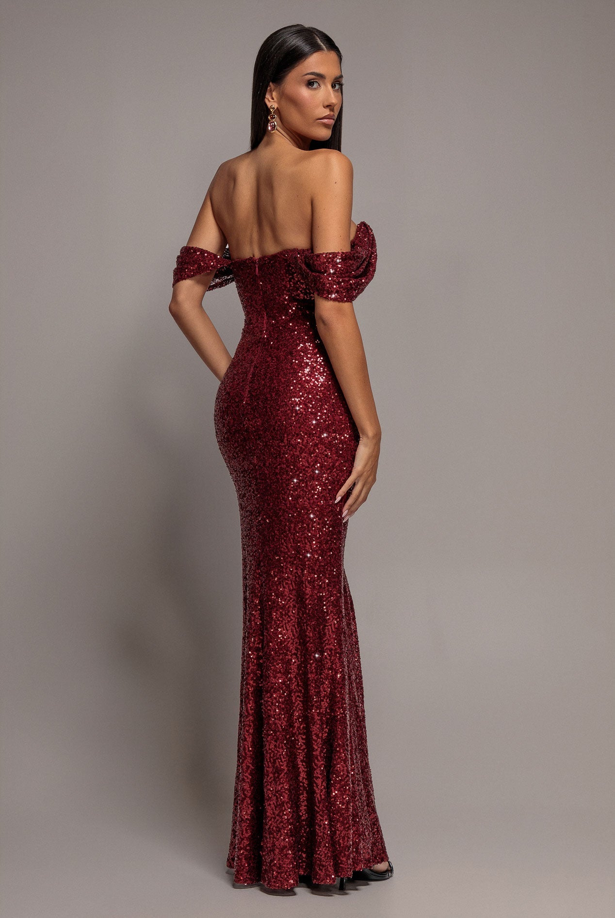 Goddiva Front Gathered Sequin Wing Maxi Dress - Wine