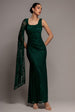 Goddiva One Shoulder Cape Sleeve Pleated Lace Maxi Dress - Emerald Green