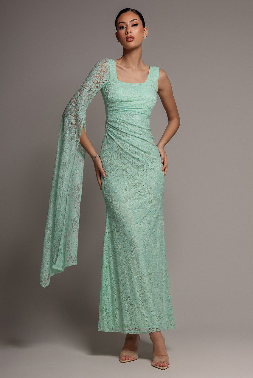 Goddiva One Shoulder Cape Sleeve Pleated Lace Maxi Dress - Mint Green