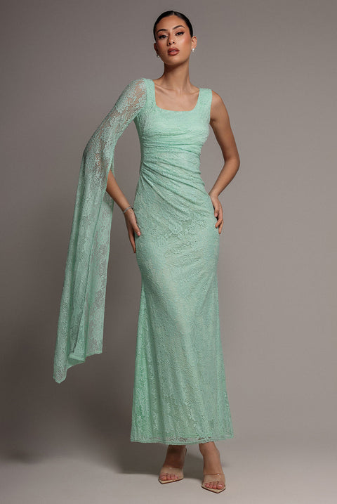 Goddiva One Shoulder Cape Sleeve Pleated Lace Maxi Dress - Mint Green