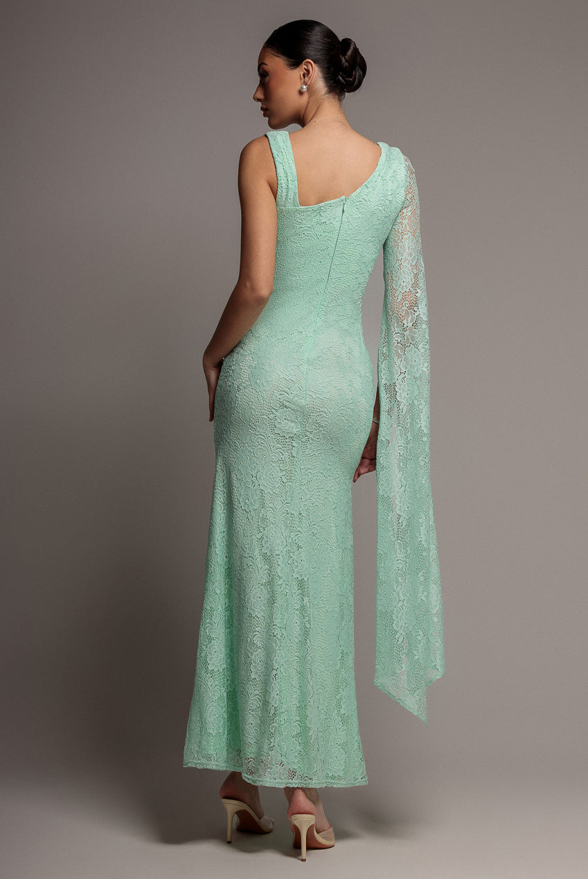 Goddiva One Shoulder Cape Sleeve Pleated Lace Maxi Dress - Mint Green