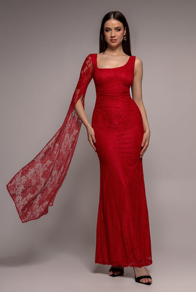 Red - Goddiva One Shoulder Cape Sleeve Pleated Lace Maxi Dress - Red