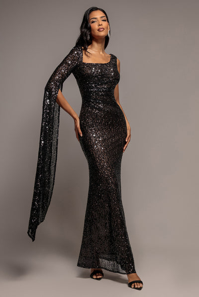 Goddiva One Side Cape Sleeve Sequin Maxi Dress - Black
