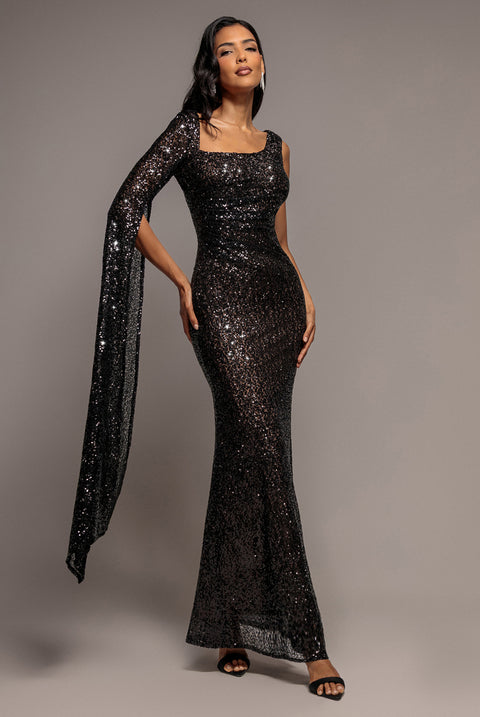 Goddiva One Side Cape Sleeve Sequin Maxi Dress - Black