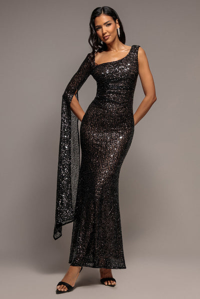 Black - Goddiva One Side Cape Sleeve Sequin Maxi Dress - Black