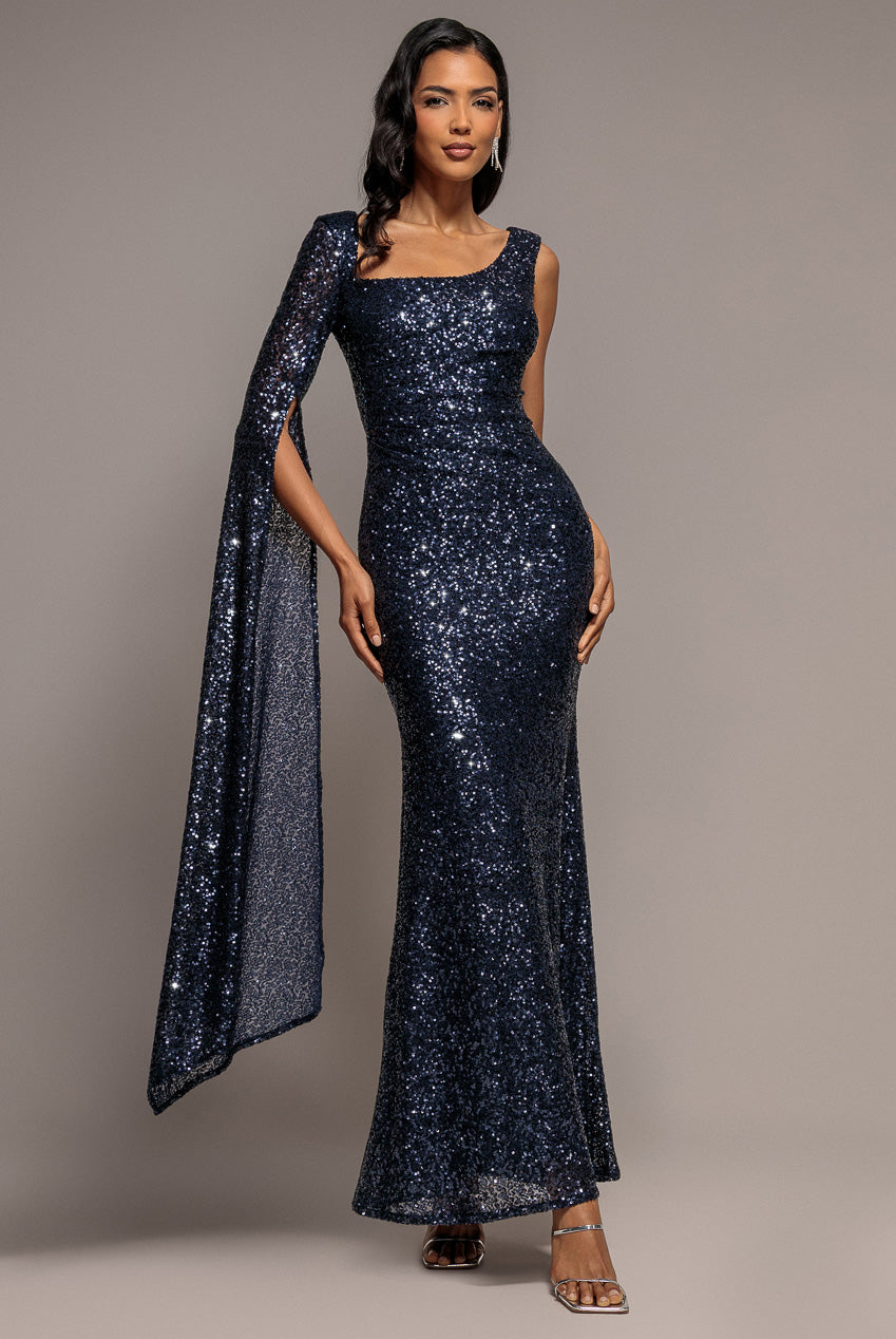Goddiva One Side Cape Sleeve Waist Pleated Sequin Maxi Dress - Navy Blue