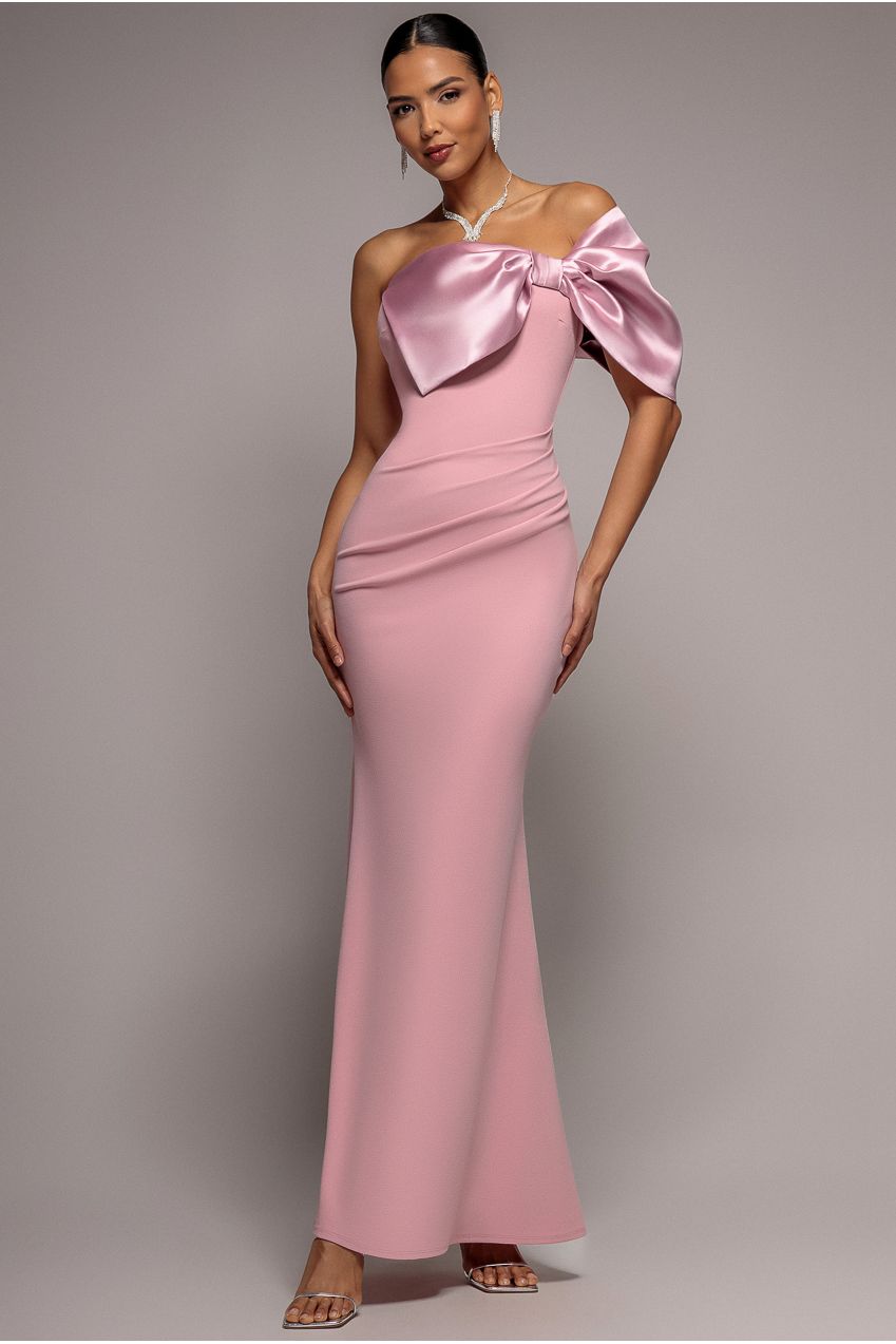 Goddiva Off The Shoulder Satin Bow Neck Maxi Dress - Blush Pink