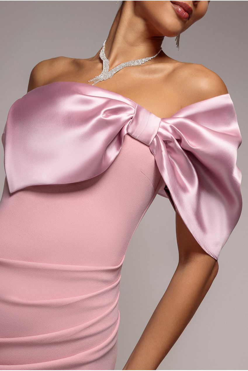 Goddiva Off The Shoulder Satin Bow Neck Maxi Dress - Blush Pink