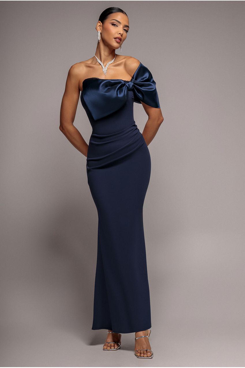 Goddiva Off The Shoulder Satin Bow Neck Maxi Dress - Navy Blue