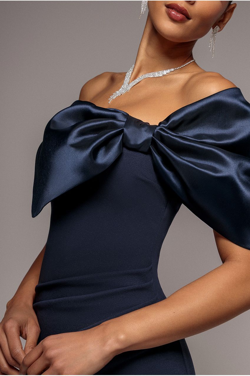 Goddiva Off The Shoulder Satin Bow Neck Maxi Dress - Navy Blue