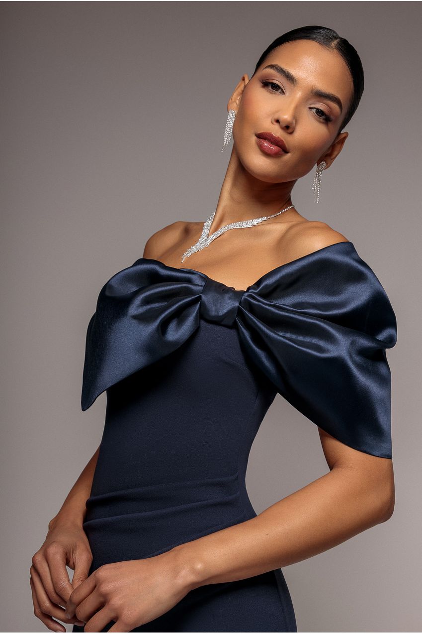 Goddiva Off The Shoulder Satin Bow Neck Maxi Dress - Navy Blue