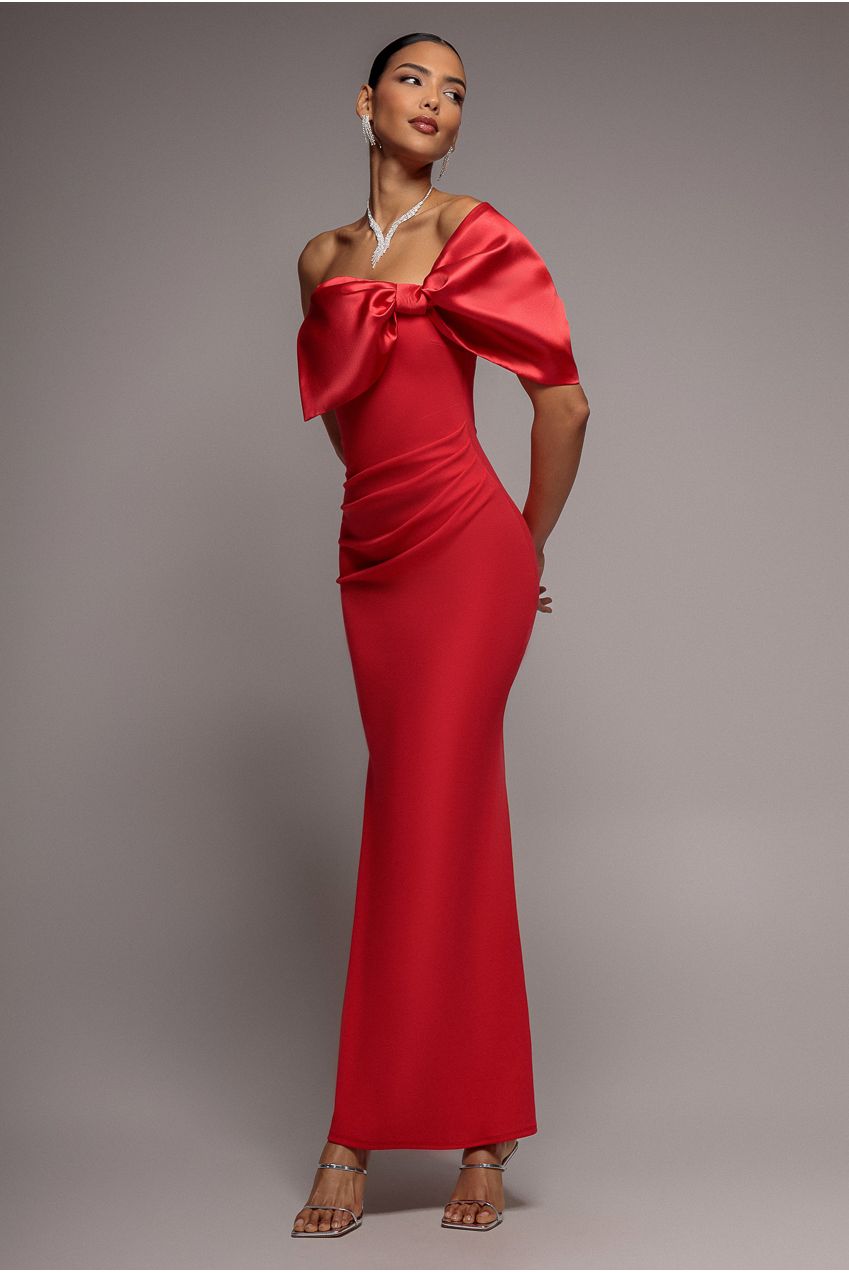 Goddiva Off The Shoulder Satin Bow Neck Maxi Dress - Red