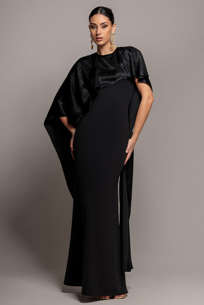 Black - Goddiva Scoop Neck Velvet Satin Cape Sleeve Maxi Dress - Black
