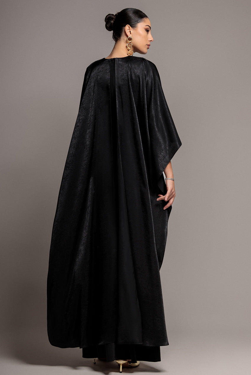 Goddiva Scoop Neck Velvet Satin Cape Sleeve Maxi Dress - Black
