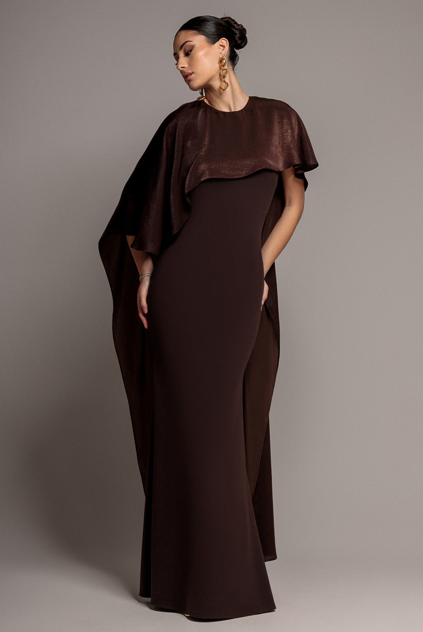 Goddiva Scoop Neck Velvet Satin Cape Sleeve Maxi Dress - Brown