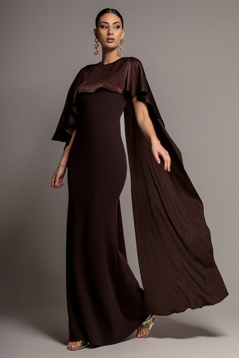 Goddiva Scoop Neck Velvet Satin Cape Sleeve Maxi Dress - Brown
