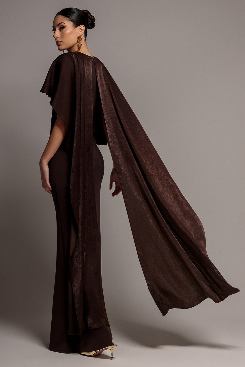 Goddiva Scoop Neck Velvet Satin Cape Sleeve Maxi Dress - Brown