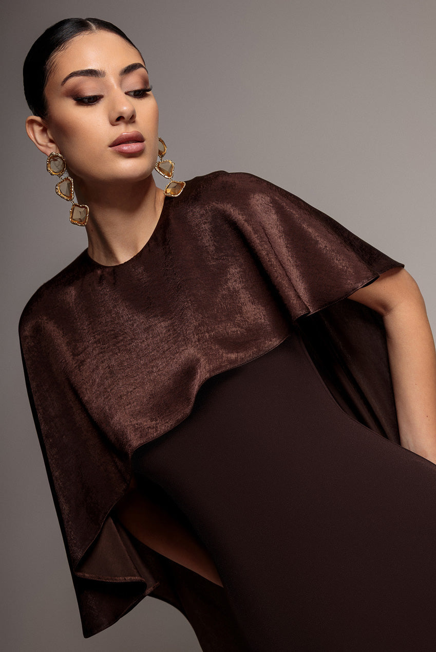Goddiva Scoop Neck Velvet Satin Cape Sleeve Maxi Dress - Brown