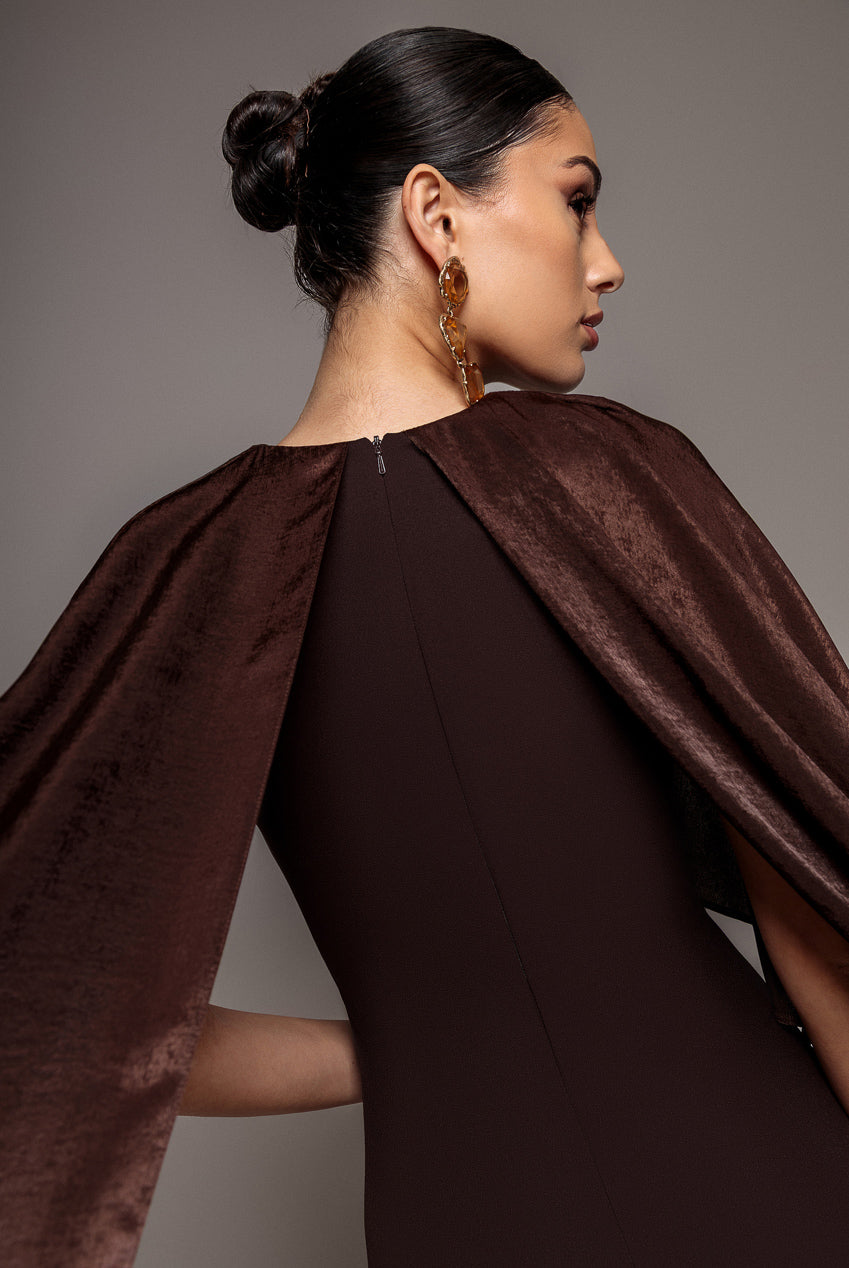 Goddiva Scoop Neck Velvet Satin Cape Sleeve Maxi Dress - Brown