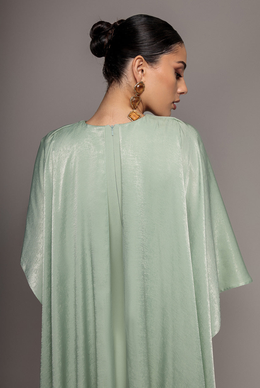 Goddiva Scoop Neck Velvet Satin Cape Sleeve Maxi Dress - Sage Green