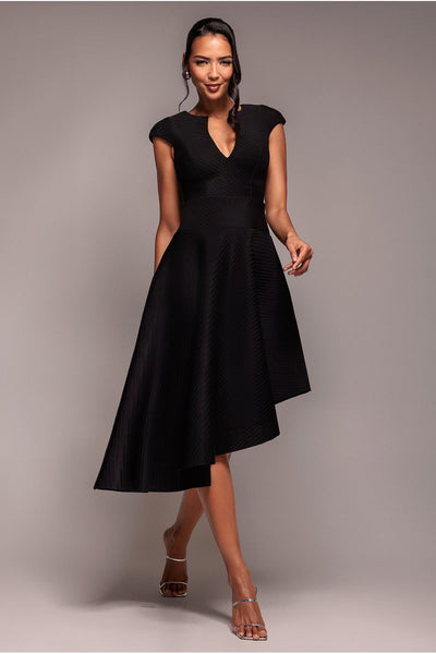 Black - Goddiva Cap Sleeve Textured Skater Asymmetric Midi Dress - Black