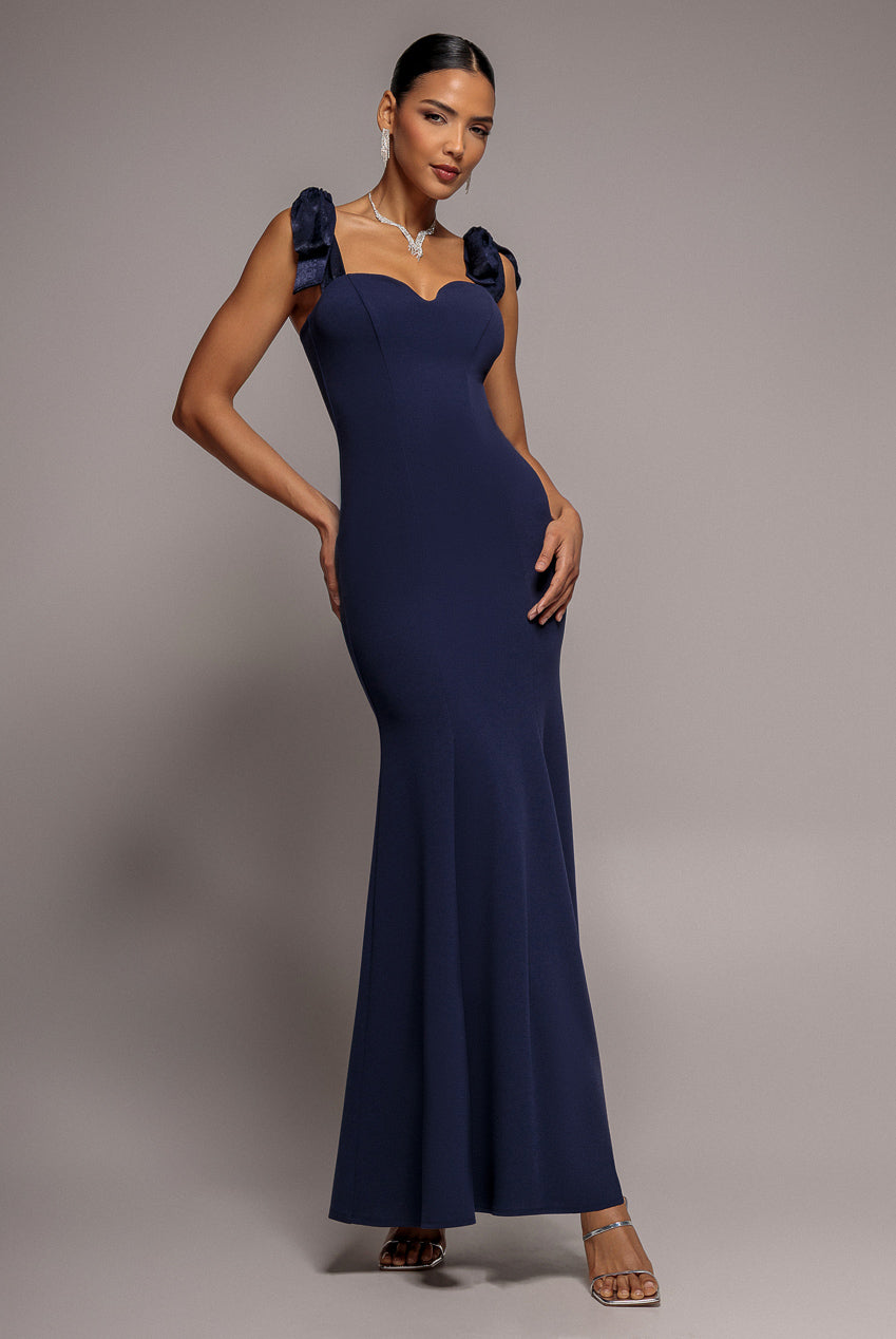 Goddiva Multiway Bow Velvet Satin Sweetheart Maxi Dress - Navy Blue