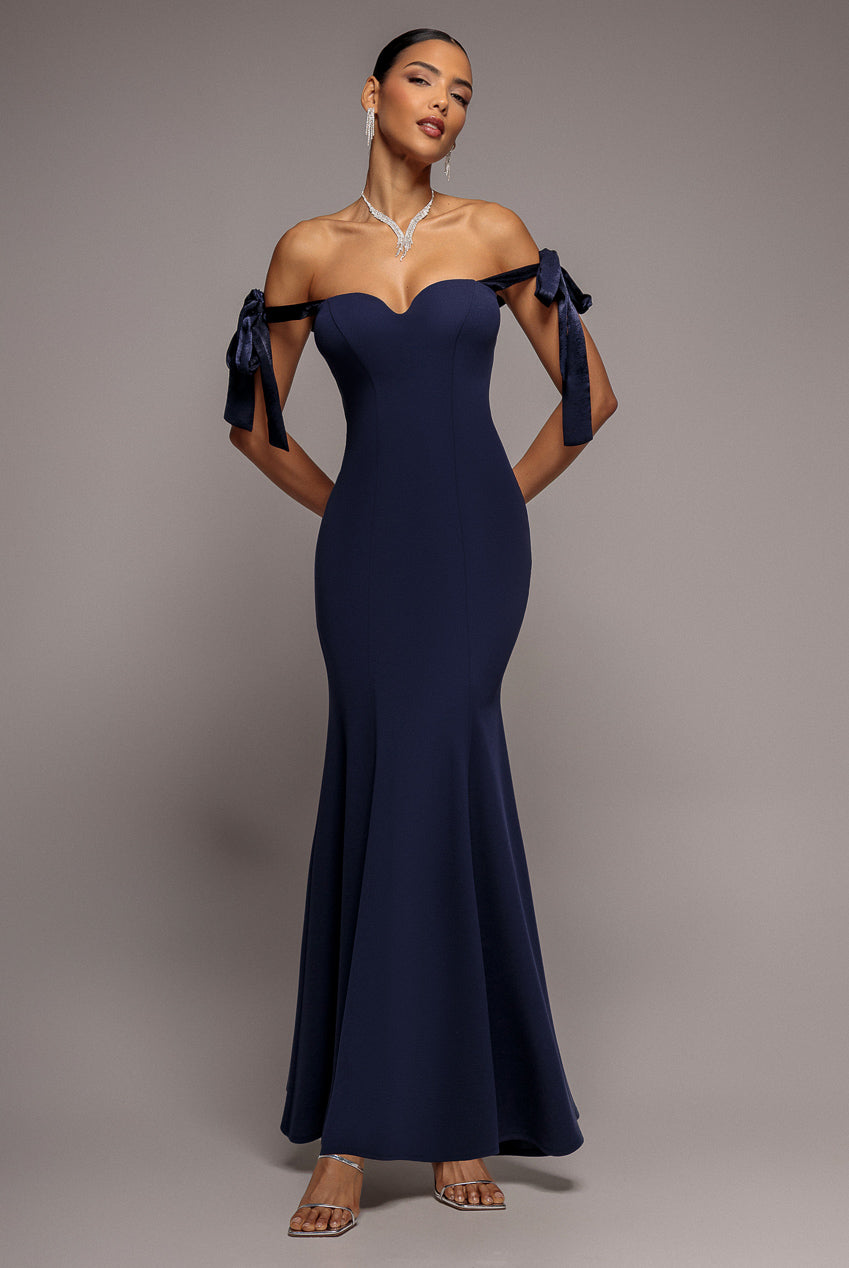 Goddiva Multiway Bow Velvet Satin Sweetheart Maxi Dress - Navy Blue