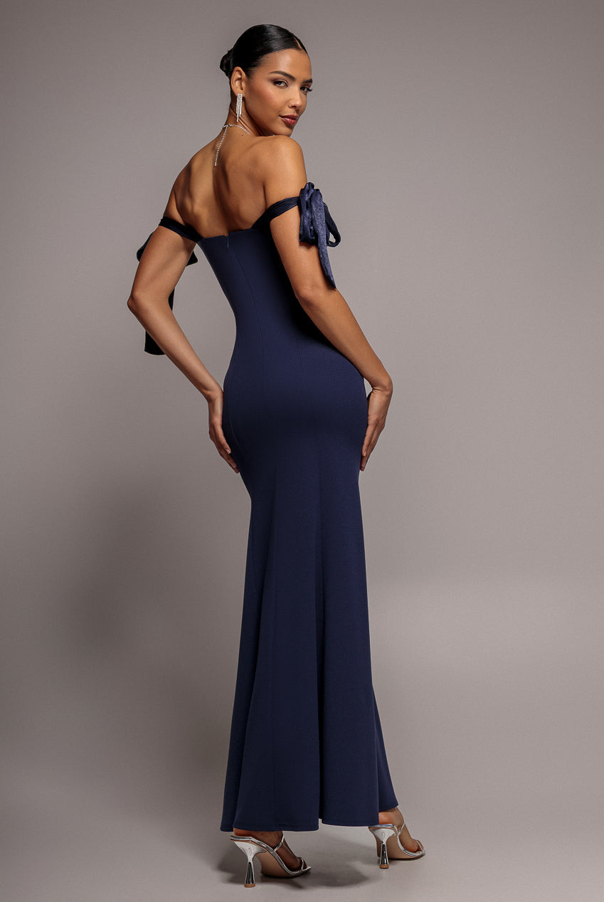 Goddiva Multiway Bow Velvet Satin Sweetheart Maxi Dress - Navy Blue