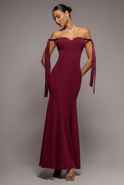 Burgundy - Goddiva Multiway Bow Velvet Satin Sweetheart Maxi Dress - Burgundy