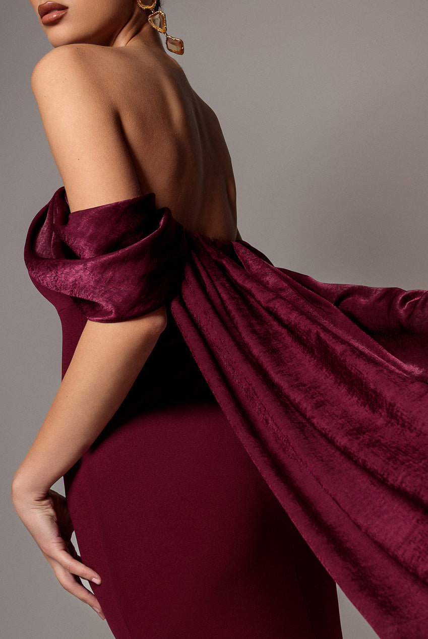 Goddiva Off Shoulder Velvet Satin Wing Cape Maxi Dress - Burgundy