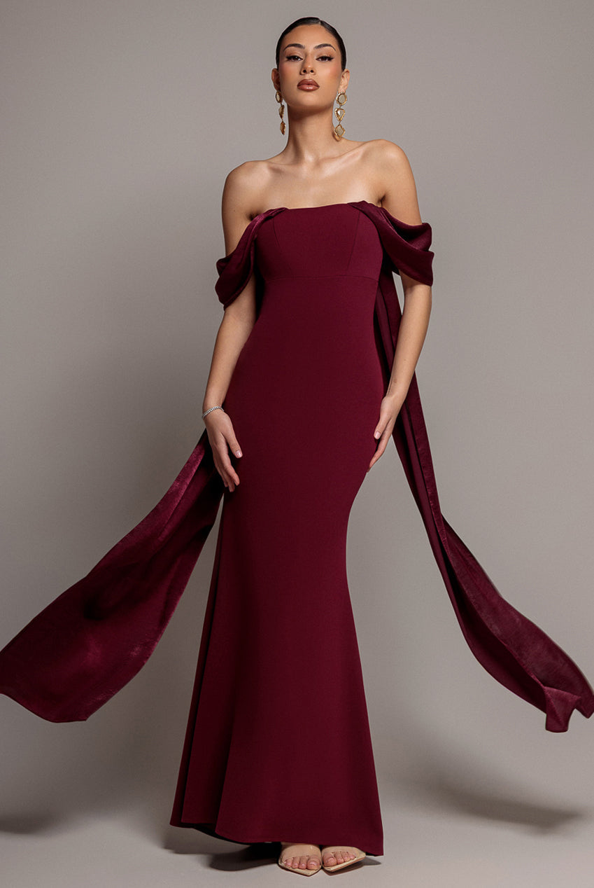 Goddiva Off Shoulder Velvet Satin Wing Cape Maxi Dress - Burgundy