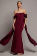 Goddiva Off Shoulder Velvet Satin Wing Cape Maxi Dress - Burgundy