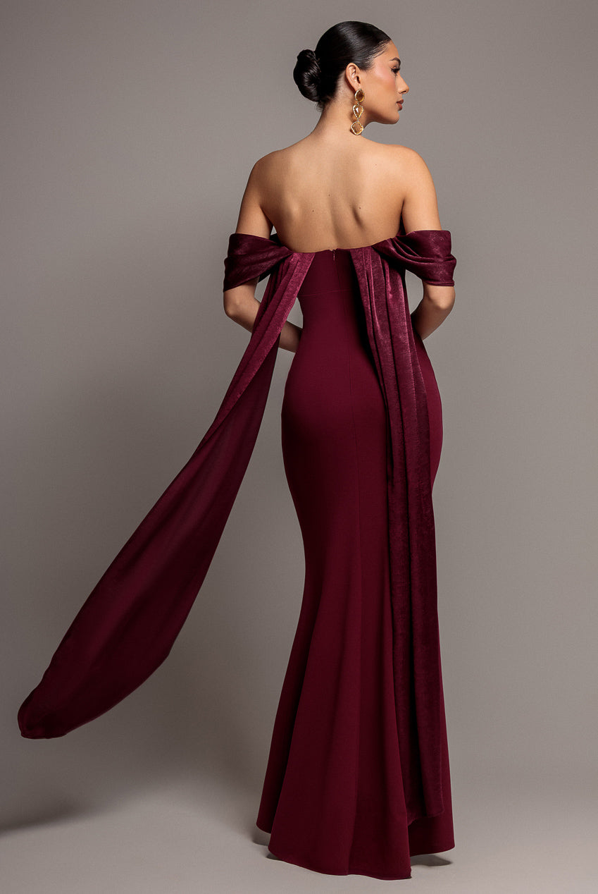 Goddiva Off Shoulder Velvet Satin Wing Cape Maxi Dress - Burgundy