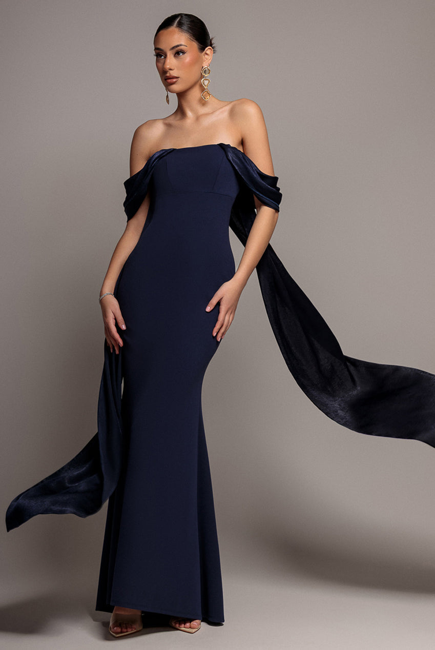 Goddiva Off Shoulder Velvet Satin Wing Cape Maxi Dress - Navy Blue