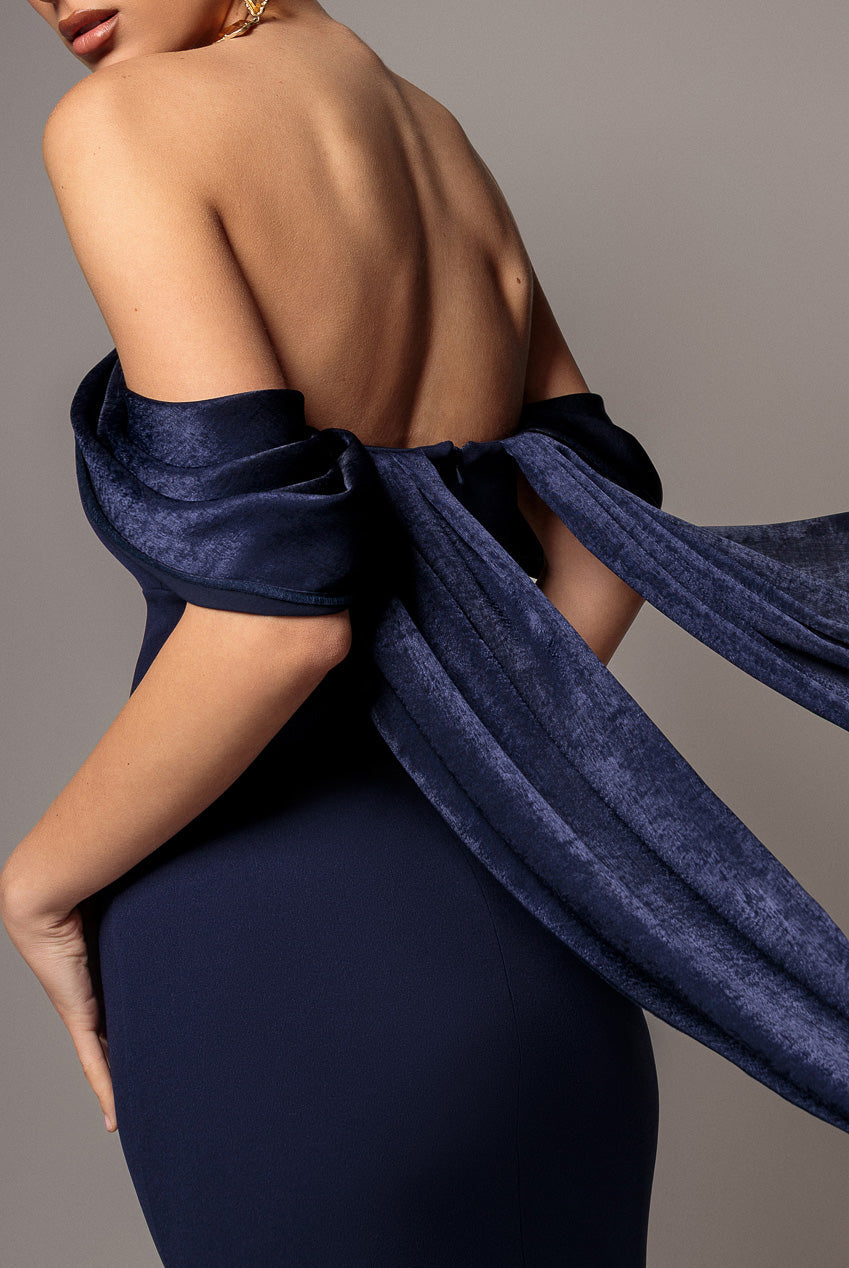 Goddiva Off Shoulder Velvet Satin Wing Cape Maxi Dress - Navy Blue