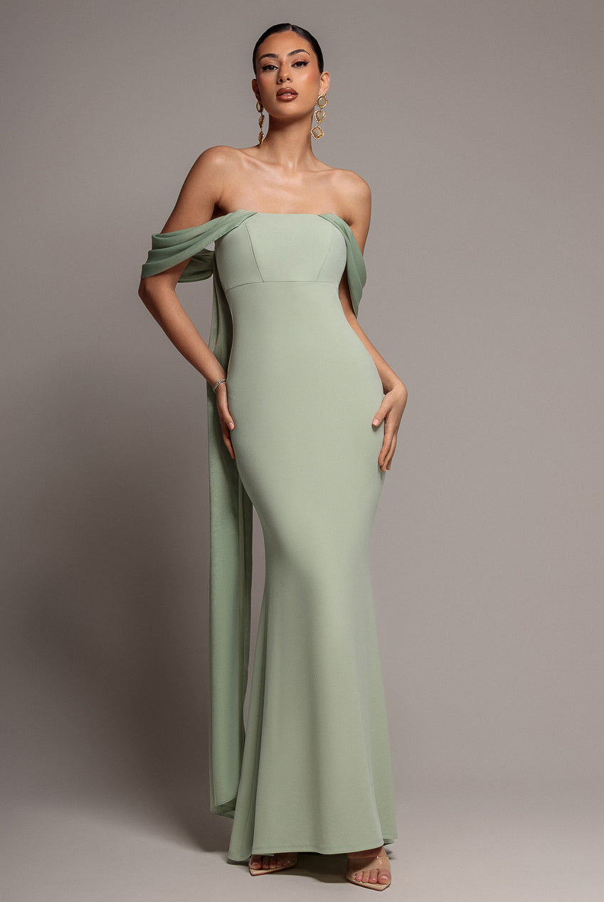 Goddiva Off Shoulder Velvet Satin Wing Cape Maxi Dress - Sage Green