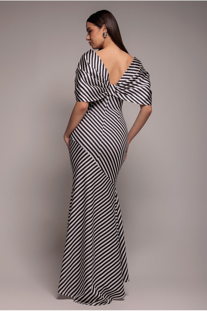 Goddiva Stripe Off Shoulder Bow Back Satin Bow Maxi Dress - Black White
