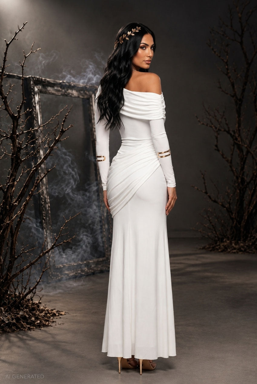 Goddiva Draped Long Sleeve Maxi Odyssey-Inspired Greek Goddess Halloween Costume - White