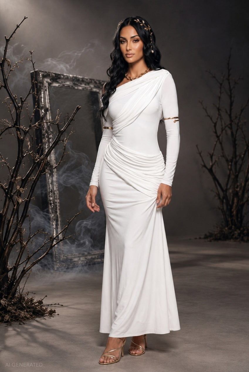 Goddiva Draped Long Sleeve Maxi Odyssey-Inspired Greek Goddess Halloween Costume - White