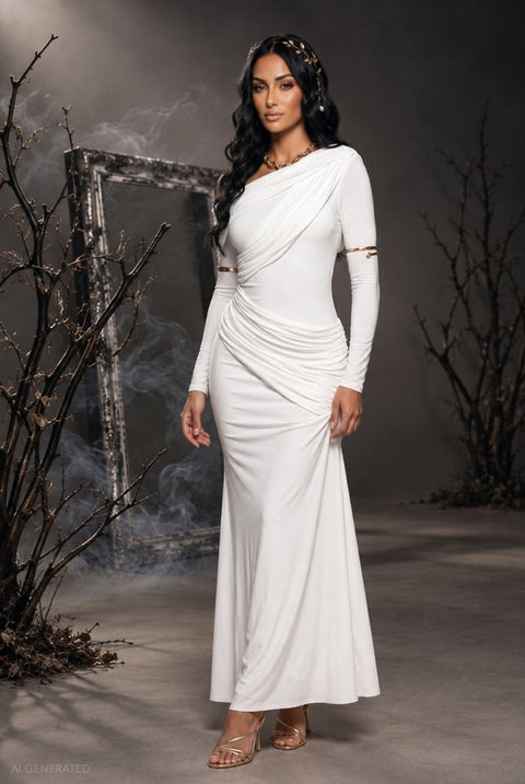 Goddiva Draped Long Sleeve Maxi Odyssey-Inspired Greek Goddess Halloween Costume - White