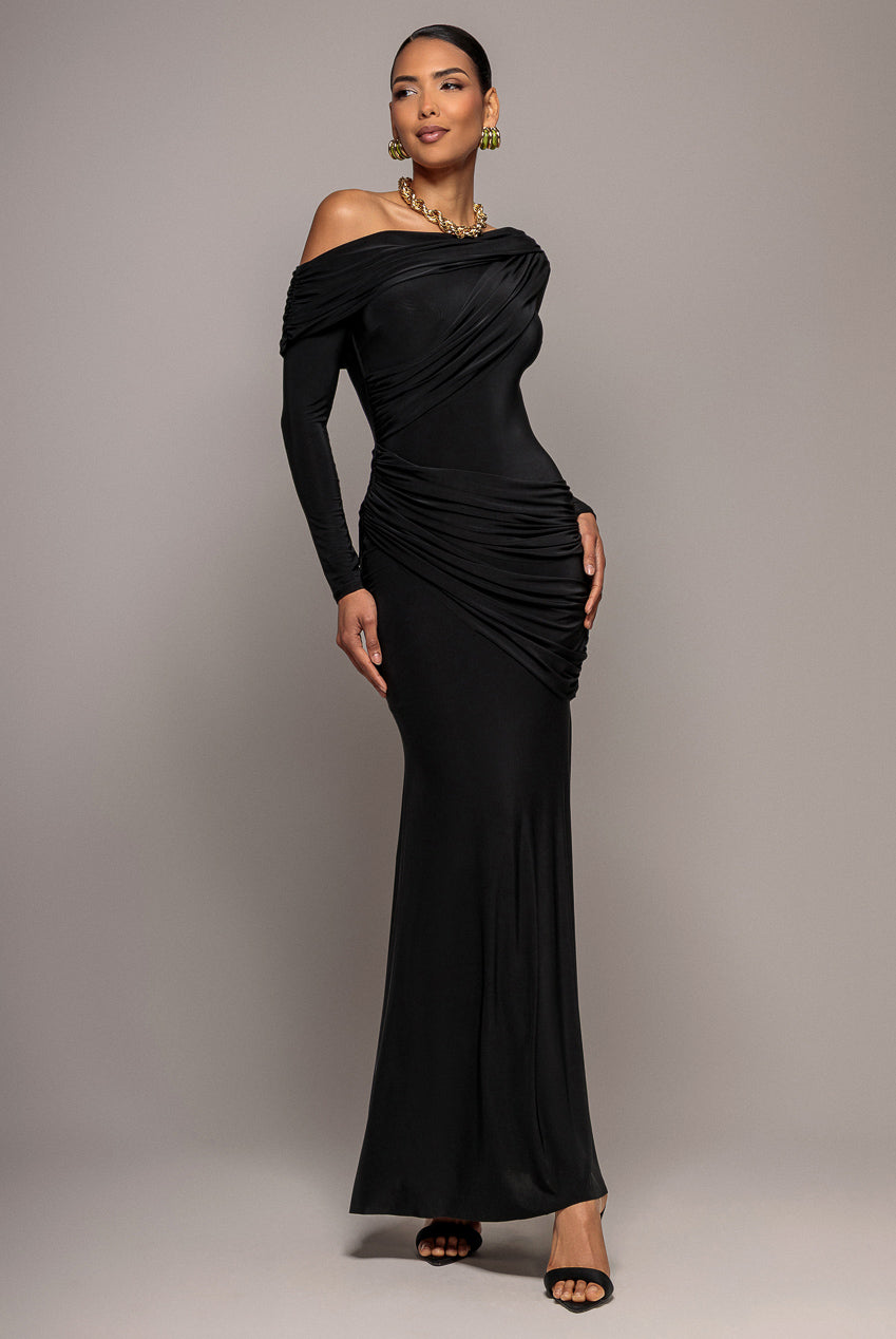 Goddiva Off Shoulder Gathered Panel Soft Touch Maxi Dress - Black