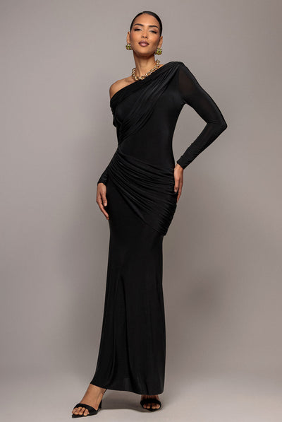 Goddiva Off Shoulder Gathered Panel Soft Touch Maxi Dress - Black