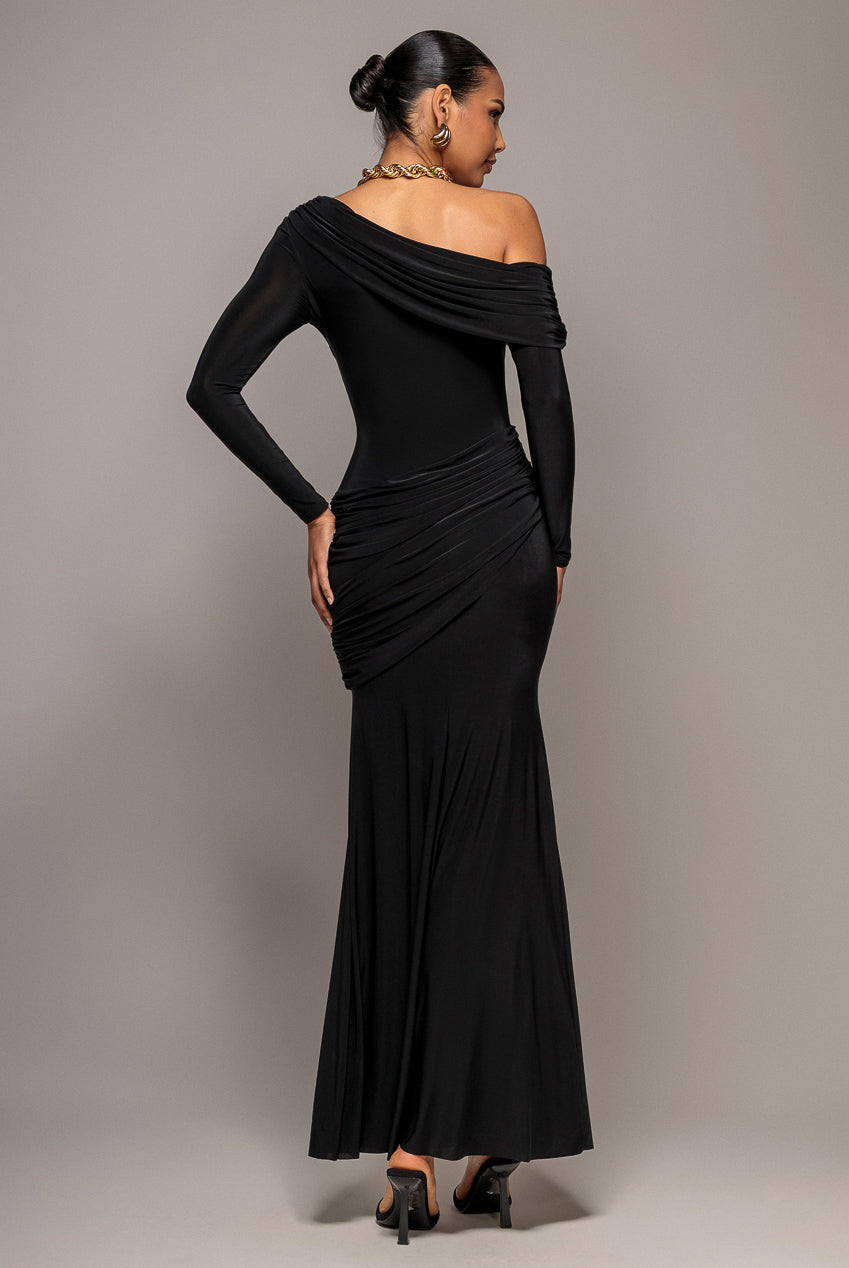 Goddiva Off Shoulder Gathered Panel Soft Touch Maxi Dress - Black