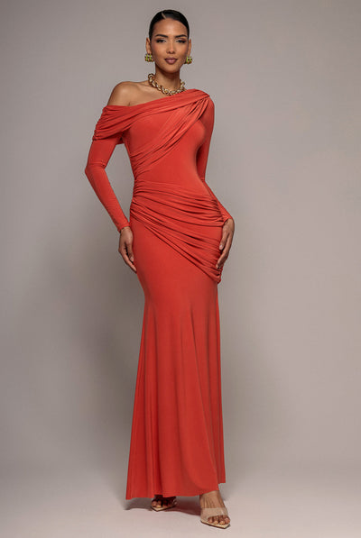 Goddiva Off Shoulder Gathered Panel Soft Touch Maxi Dress - Burnt Orange