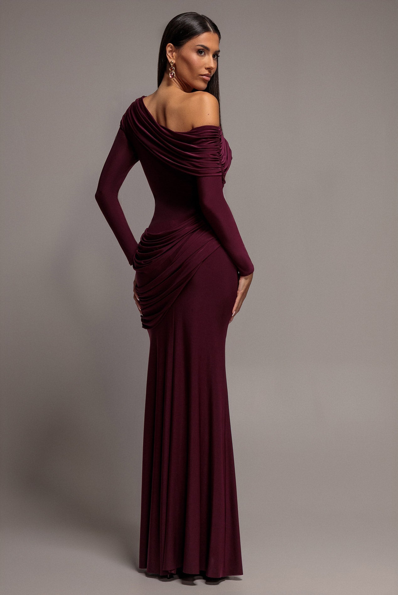 Goddiva Off Shoulder Gathered Panel Soft Touch Maxi Dress - Plum