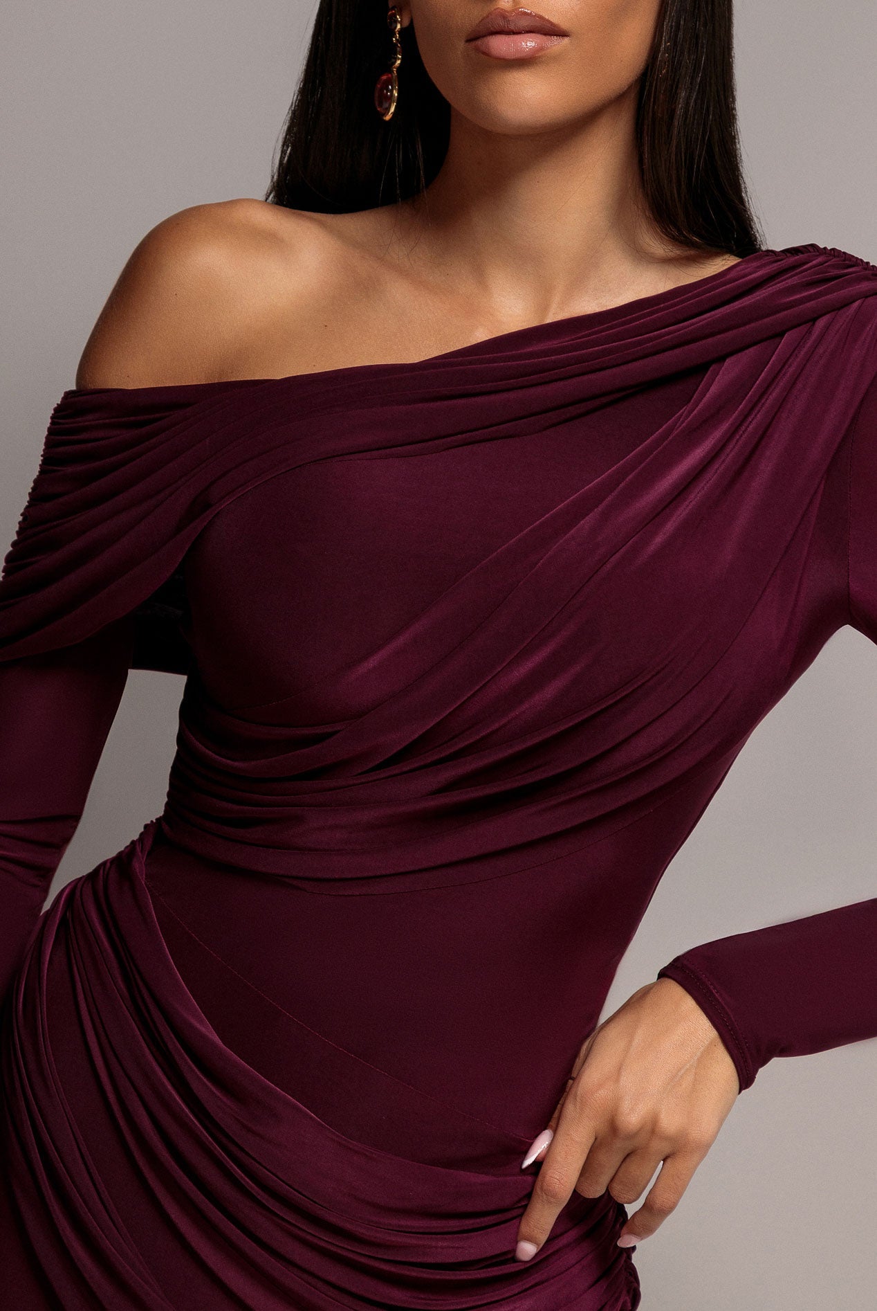 Goddiva Off Shoulder Gathered Panel Soft Touch Maxi Dress - Plum